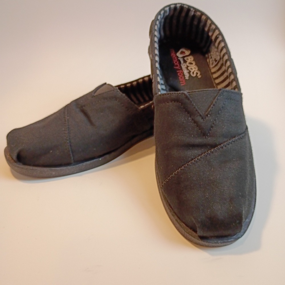 Skechers BOBS‎ Women Black Canvas Memory Foam Slip On Flats 33738 Size 7